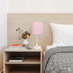 19.5" Bedside Power Outlet Base Metal Table Desk Lamp In White With Light Pink Fabric Shade - Creekwood Home 14 19.5" Bedside Power Outlet Base Metal Table Desk Lamp In White With Light Pink Fabric Shade - Creekwood Home -Lamps and Lighting Store GUEST f0c1402c 516d 4f81 9db9 8fbca4e90ac3