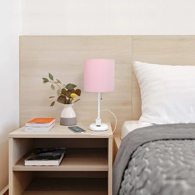 19.5" Bedside Power Outlet Base Metal Table Desk Lamp In White With Light Pink Fabric Shade - Creekwood Home 8 19.5" Bedside Power Outlet Base Metal Table Desk Lamp In White With Light Pink Fabric Shade - Creekwood Home - Image 6