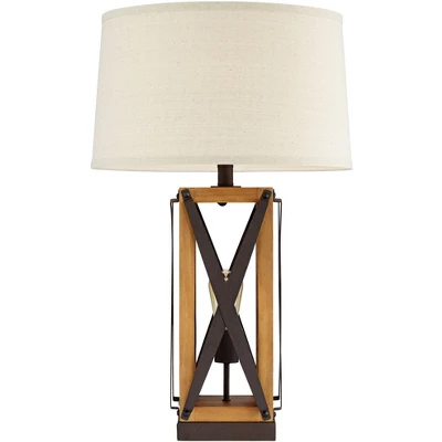 Franklin Iron Works Gaines Rustic Farmhouse Table Lamp 28 1/2" Tall Bronze Wood With LED Nightlight Off White Burlap Drum Shade For Bedroom House Home 9 Franklin Iron Works Gaines Rustic Farmhouse Table Lamp 28 1/2" Tall Bronze Wood With LED Nightlight Off White Burlap Drum Shade For Bedroom House Home - Image 7