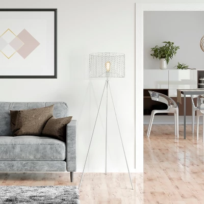 61" Cage Shade Metal Tripod Floor Lamp Ingrid White - River Of Goods 6 61" Cage Shade Metal Tripod Floor Lamp Ingrid White - River Of Goods - Image 4