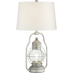 Franklin Iron Works Bodie Rustic Industrial Table Lamp 26" High Distressed Silver With USB Charging Port Nightlight LED Off White Linen Shade For Desk -Lamps and Lighting Store GUEST fb8b18fa aab4 4934 865b 7641e036cc17