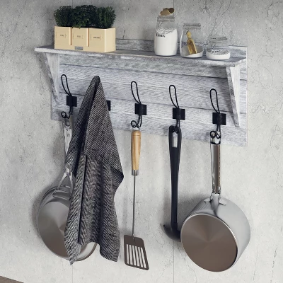 Emma And Oliver Rustic Country Wall Mounted Entryway Shelf With 5 Rustic Hooks And Wood Construction 5 Emma And Oliver Rustic Country Wall Mounted Entryway Shelf With 5 Rustic Hooks And Wood Construction - Image 3